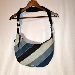 Mudd Patchwork Denim Hobo Bag Blue Faux Leather Shoulder Bag Gold Hardware Y2K